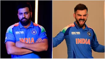 Captain Rohit Sharma and star batter Virat Kohli don the official jersey for the 2025 ICC Champions Trophy ahead of the start of the tournament. Image credit: X/BCCI