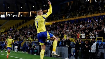 Cristiano Ronaldo celebrates scoring a goal for Al-Nassr in their AFC Champions League match against Al-Wasi on Monday. Reuters 
