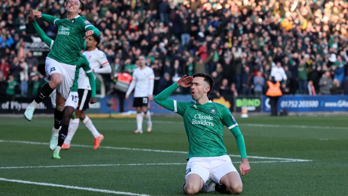 Plymouth Argyle's Ryan Hardie (right) celebrates after scoring from the spot in the FA Cup fourth-round meeting with Liverpool at Home Park, Plymouth. Reuters Plymouth Argyle's Ryan Hardie (right) celebrates after scoring from the spot in the FA Cup fourth-round meeting with Liverpool at Home Park, Plymouth. Reuters