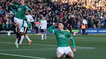 Plymouth Argyle's Ryan Hardie (right) celebrates after scoring from the spot in the FA Cup fourth-round meeting with Liverpool at Home Park, Plymouth. Reuters