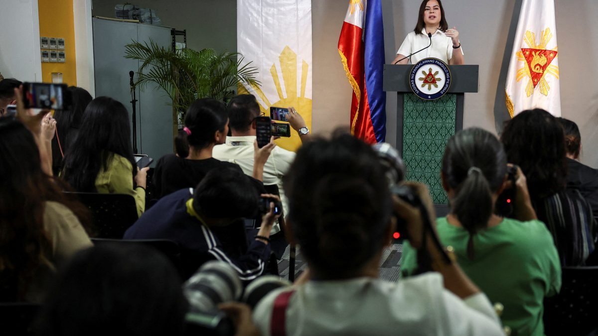 Philippine Vice President Sara Duterte delivers a statement following her impeachment by the lower house of the Congress, in her office at Mandaluyong City, Metro Manila, Philippines. File image/ Reuters Philippine Vice President Sara Duterte delivers a statement following her impeachment by the lower house of the Congress, in her office at Mandaluyong City, Metro Manila, Philippines. File image/ Reuters