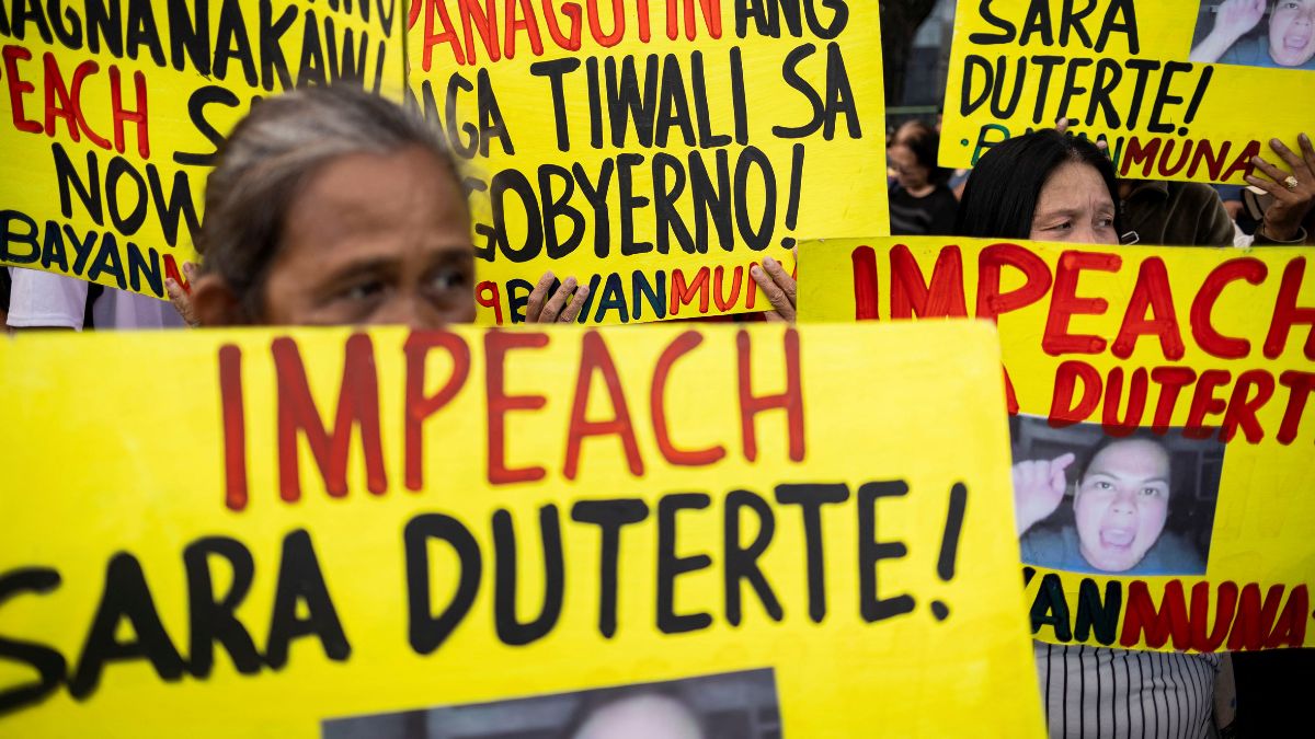 Activists carry banners calling for the impeachment of Philippine Vice President Sara Duterte at a rally outside the House of Representatives in Quezon City, Metro Manila, Philippines, February 5, 2025. File Image/Reuters Activists carry banners calling for the impeachment of Philippine Vice President Sara Duterte at a rally outside the House of Representatives in Quezon City, Metro Manila, Philippines, February 5, 2025. File Image/Reuters
