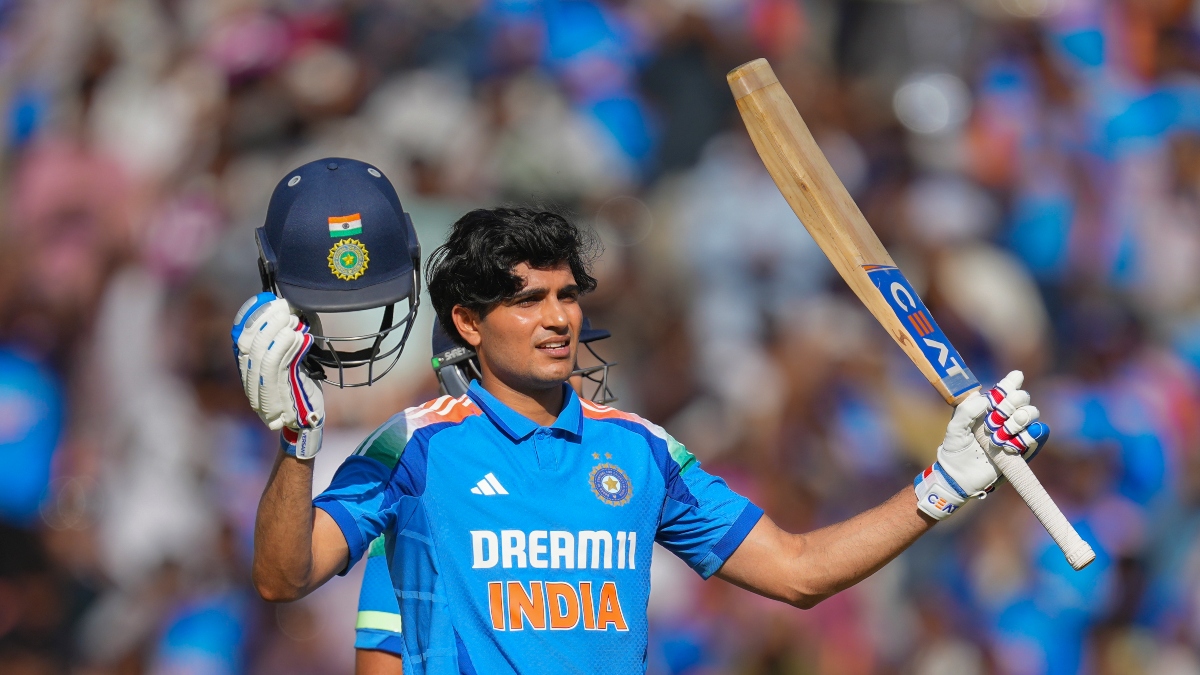 India batter Shubman Gill raises his bat after scoring a century in the third ODI against England. AP India batter Shubman Gill raises his bat after scoring a century in the third ODI against England. AP