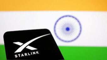 The Starlink logo is seen in front of the Indian flag in this illustration taken, June 21, 2023. File Image/Reuters
