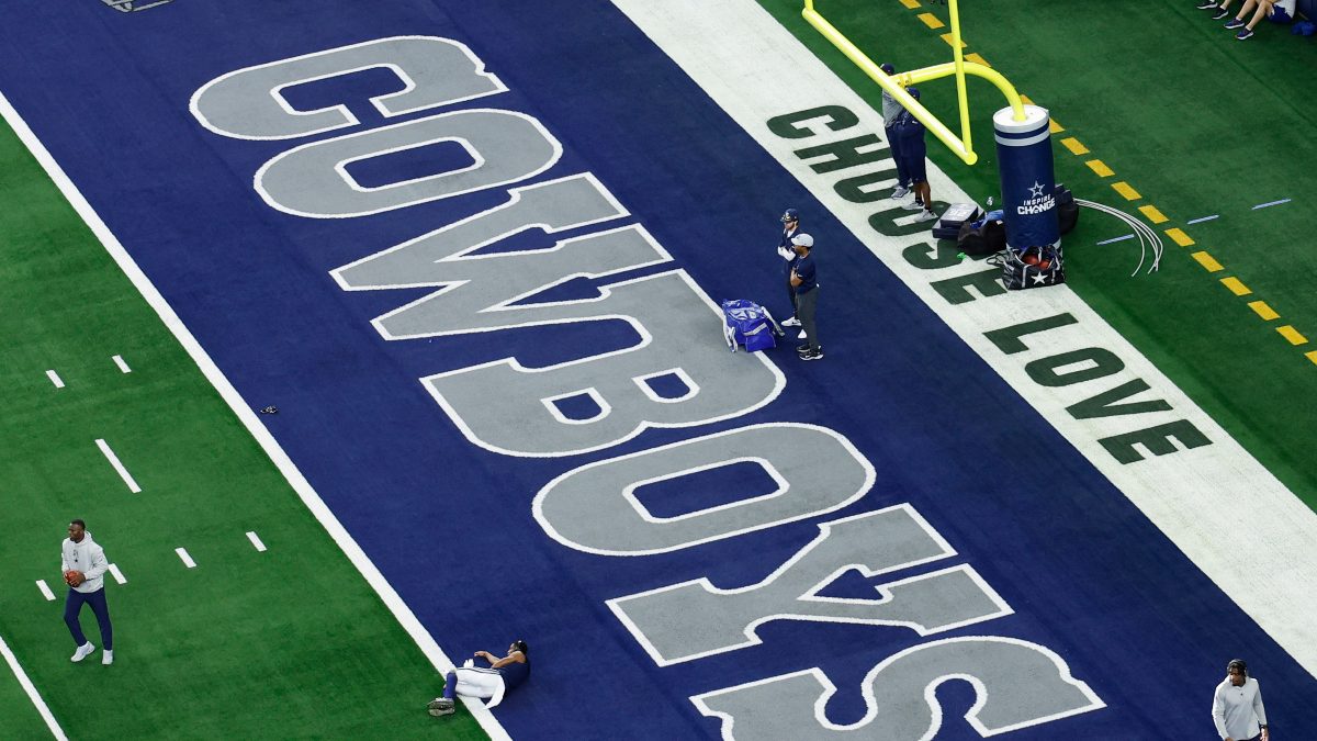 The word's 'Choose Love' are displayed in the end zone before a NFL football game between the Washington Commanders and the Dallas Cowboys in January 2025. Image: AP The word's 'Choose Love' are displayed in the end zone before a NFL football game between the Washington Commanders and the Dallas Cowboys in January 2025. Image: AP