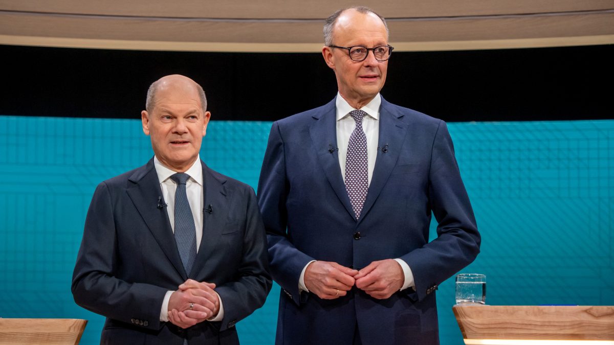 Social Democratic Party (SPD) Chancellor Olaf Scholz and his conservative rival of the Christian Democratic Union (CDU) Friedrich Merz are pictured in a studio of the ARD and ZDF television broadcasters ahead of the first TV debate between Scholz and Merz in Berlin, Germany. Reuters Social Democratic Party (SPD) Chancellor Olaf Scholz and his conservative rival of the Christian Democratic Union (CDU) Friedrich Merz are pictured in a studio of the ARD and ZDF television broadcasters ahead of the first TV debate between Scholz and Merz in Berlin, Germany. Reuters