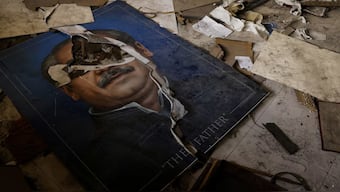 A vandalised photograph of Bangabandhu Sheikh Mujibur Rahman, father of the ousted PM Sheikh Hasina, is seen inside his demolished Dhanmondi-32 residence, in Dhaka, Bangladesh February 6, 2025. REUTERS/Mohammad Ponir Hossain