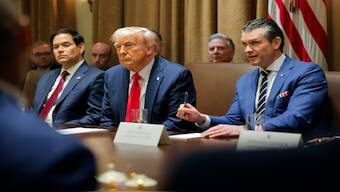 President Donald Trump during a Cabinet meeting at the White House in Washington as Secretary of State Marco Rubio and Defence Secretary Pete Hegseth listen on Wednesday. AP