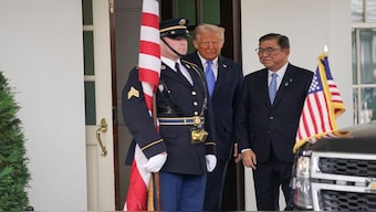 US President Donald Trump welcomes Japanese Prime Minister Shigeru Ishiba at the White House in Washington, US, on Friday. Reuters