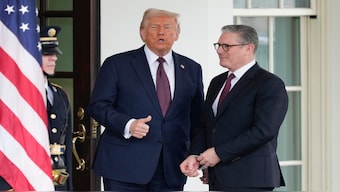 Britain's Prime Minister Keir Starmer is greeted by President Donald Trump as he arrives at the White House in Washington on Thursday. AP 