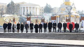 Ukraine's President Volodymyr Zelenskiy, European Commission President Ursula von der Leyen, European Council President Antonio Costa, Canada's Prime Minister Justin Trudeau, Spanish Prime Minister Pedro Sanchez, and other European leaders visit a makeshift memorial place at Independence Square amid Russia's attack on Ukraine in Kyiv, Ukraine, February 24, 2025. Ukrainian Presidential Press Service/Handout via REUTERS

