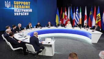 Ukrainian President Volodymyr Zelenskyy, European Commission President Ursula von der Leyen, European Council President Antonio Costa, Canada's Prime Minister Justin Trudeau, Spain's Prime Minister Pedro Sanchez, Latvia's President Edgars Rinkevics, Lithuania's Gitanas Nauseda, Estonia's Prime Minister Kristen Michal, Denmark's Prime Minister Mette Frederiksen, Iceland's Prime Minister Kristrun Frostadottir, Norway's Prime Minister Jonas Gahr Stoere, Finland's President Alexander Stubb, Sweden's Prime Minister Ulf Kristersson and French Minister Delegate for European Affairs Benjamin Haddad attend a press conference after the 'Support Ukraine' summit, marking the third anniversary of the Russian invasion, in Kyiv, Ukraine, on Monday. Reuters
