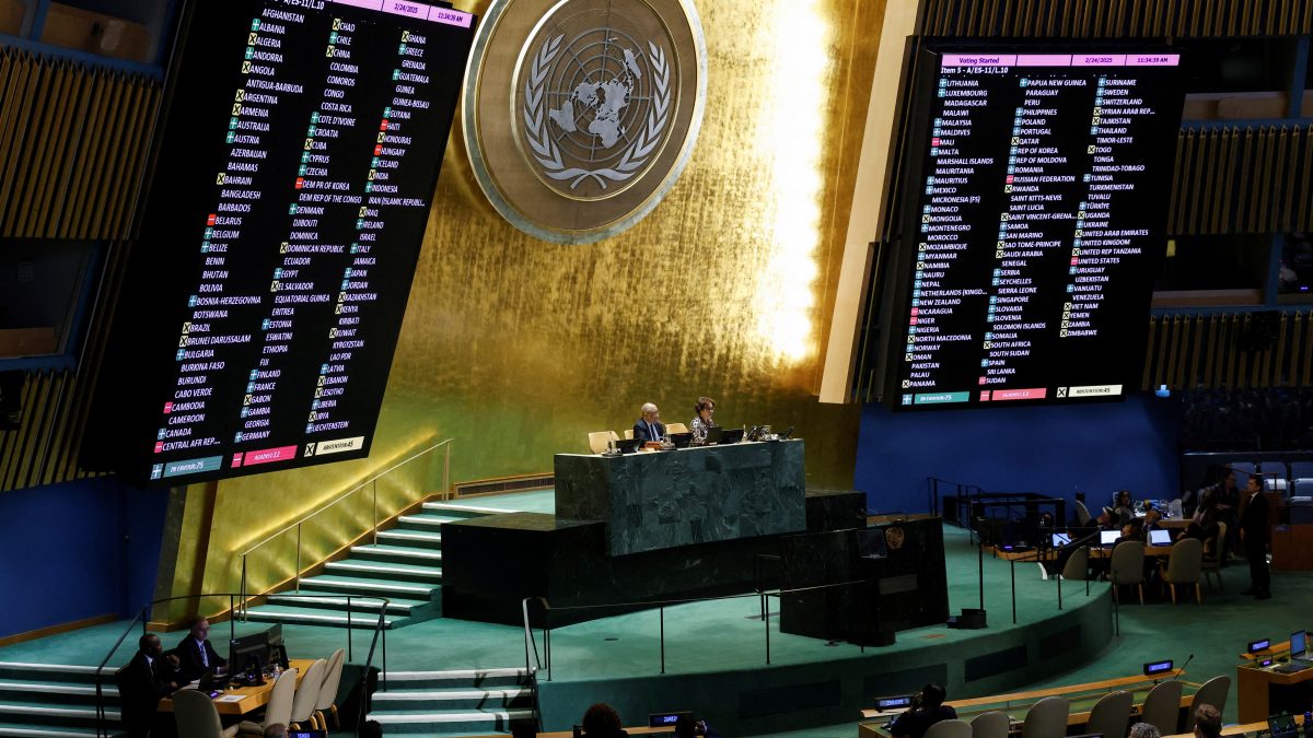 Vote results are displayed during the Eleventh Emergency Special Session draft resolution meeting in the United Nations General Assembly on the 3rd anniversary of the Russian invasion of Ukraine, at the U.N. headquarters in New York, U.S. Reuters Vote results are displayed during the Eleventh Emergency Special Session draft resolution meeting in the United Nations General Assembly on the 3rd anniversary of the Russian invasion of Ukraine, at the U.N. headquarters in New York, U.S. Reuters