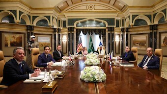US Secretary of State Marco Rubio, second left, meets with Saudi Foreign Minister Prince Faisal bin Farhan Al Saud, Saudi National Security Advisor Mosaad bin Mohammad Al-Aiban, US National Security Advisor Mike Waltz, third left, US Middle East envoy Steve Witkoff, left, Russian Foreign Minister Sergei Lavrov, right, and Russian President Vladimir Putin's foreign policy advisor Yuri Ushakov, second right, at Diriyah Palace, in Riyadh, Saudi Arabia, Tuesday, February 18, 2025. File Image/AP