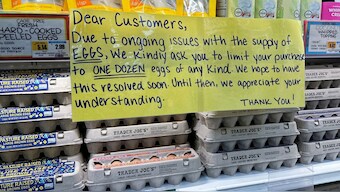 A sign for customers shopping for eggs at Trader Joe's hangs by cartons of eggs in Merrick, New York, US, February 10, 2025. File Image/Reuters