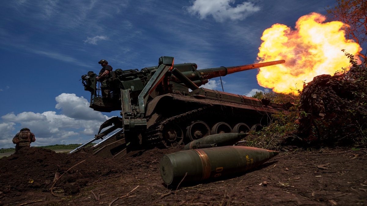 Ukrainian soldiers of 43rd artillery brigade fire by 2s7 self-propelled howitzer towards Russian positions at the frontline in Donetsk region, Ukraine, on Monday. AP File Ukrainian soldiers of 43rd artillery brigade fire by 2s7 self-propelled howitzer towards Russian positions at the frontline in Donetsk region, Ukraine, on Monday. AP File