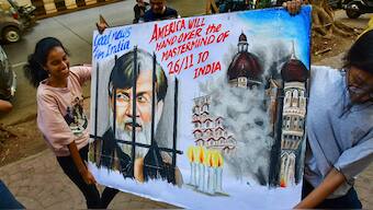  A painting made by students of Gurukul Art School on the extradition of 26/11 Mumbai attack accused Tahawwur Rana from USA to India, at Lalbaug in Mumbai, May 18, 2023. File Photo/PTI