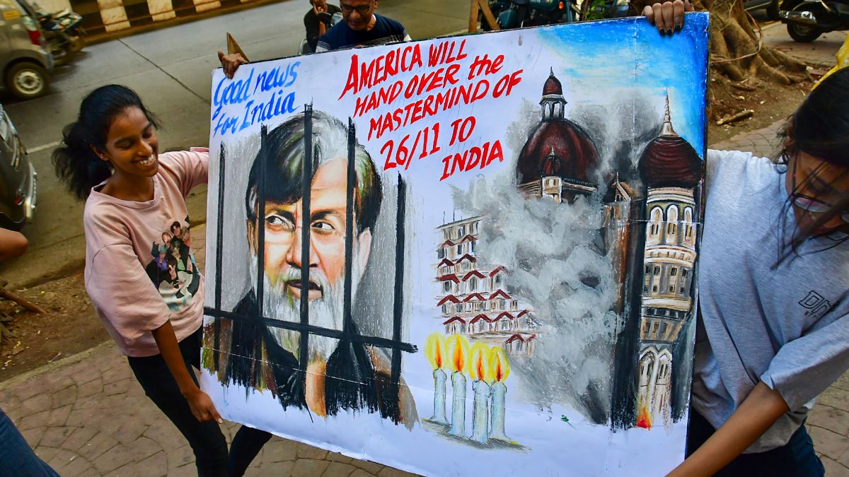 A painting made by students of Gurukul Art School on the extradition of 26/11 Mumbai attack accused Tahawwur Rana from USA to India, at Lalbaug in Mumbai, May 18, 2023. File Photo/PTI A painting made by students of Gurukul Art School on the extradition of 26/11 Mumbai attack accused Tahawwur Rana from USA to India, at Lalbaug in Mumbai, May 18, 2023. File Photo/PTI