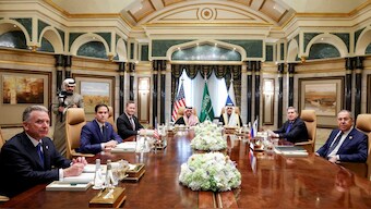 US Secretary of State Marco Rubio meets with Saudi Foreign Minister Prince Faisal bin Farhan Al Saud, Saudi National Security Advisor Mosaad bin Mohammad Al-Aiban, US National Security Advisor Mike Waltz, US Middle East envoy Steve Witkoff, Russian Foreign Minister Sergei Lavrov and Russian President Vladimir Putin's foreign policy advisor Yuri Ushakov, at Diriyah Palace, in Riyadh, Saudi Arabia, February 18, 2025. Reuters