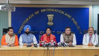Delhi Chief Minister Rekha Gupta, center, addresses her first press conference as the CM with cabinet ministers Kapil Mishra, left, Manjinder Singh Sirsa, second left, Parvesh Verma, second right, and Ashish Sood, after the cabinet's meeting of the new government at the Delhi Secretariat, in New Delhi. PTI