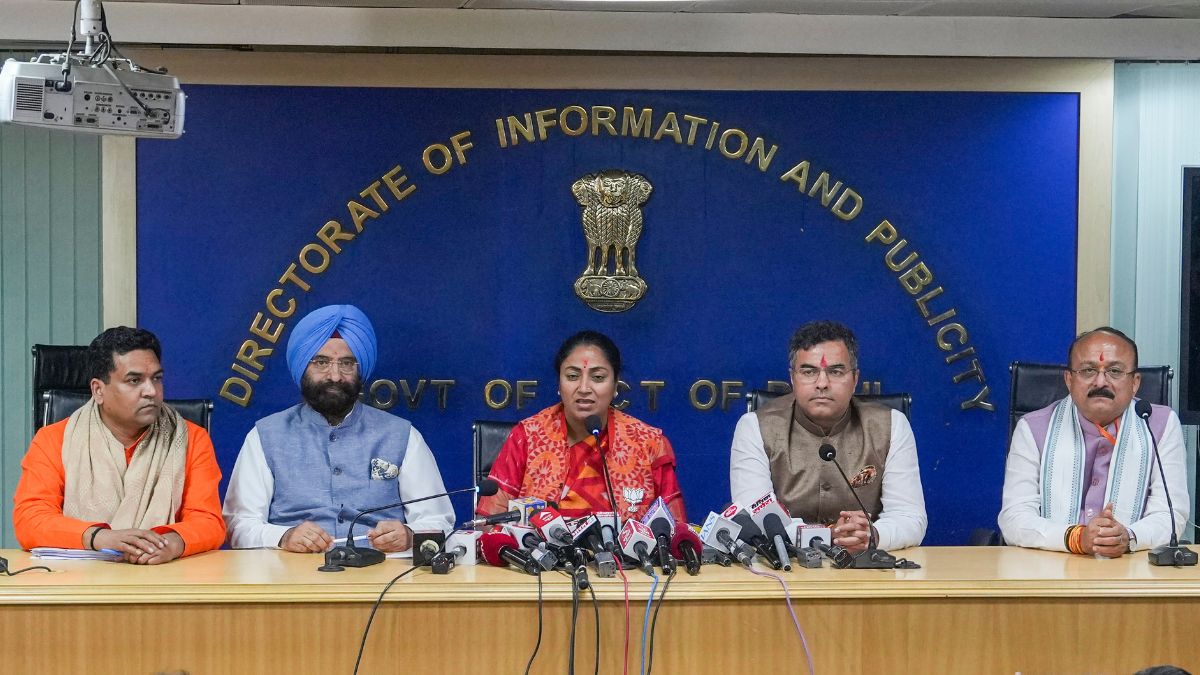 Delhi Chief Minister Rekha Gupta, center, addresses her first press conference as the CM with cabinet ministers Kapil Mishra, left, Manjinder Singh Sirsa, second left, Parvesh Verma, second right, and Ashish Sood, after the cabinet's meeting of the new government at the Delhi Secretariat, in New Delhi. PTI Delhi Chief Minister Rekha Gupta, center, addresses her first press conference as the CM with cabinet ministers Kapil Mishra, left, Manjinder Singh Sirsa, second left, Parvesh Verma, second right, and Ashish Sood, after the cabinet's meeting of the new government at the Delhi Secretariat, in New Delhi. PTI