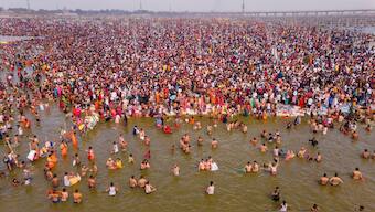 Devotees gather to take a holy dip at Sangam during the ongoing Maha Kumbh Mela 2025, ahead of Maha Shivaratri festival, in Prayagraj, February 25, 2025. PTI