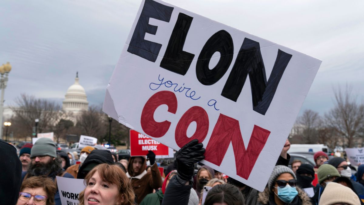 A rally against Elon Musk in Washington. AP/File Photo
A rally against Elon Musk in Washington. AP/File Photo