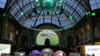 Emmanuel Macron speaks during the Artificial Intelligence Action Summit at the Grand Palais in Paris. AP
