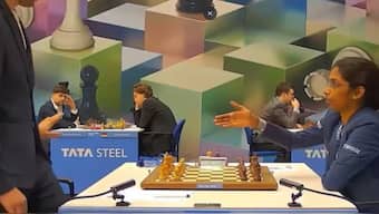 Nodirbek Yakubboev refused to shake hands with R Vaishali during a match at Tata Steel Chess 2025 in January. Image: X screengrab
