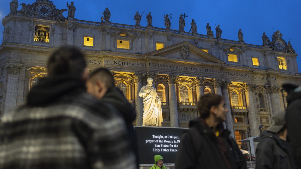 People wait in St. Peter's Square at The Vatican for the start of a rosary vigil prayer for Pope Francis' recovery. AP People wait in St. Peter's Square at The Vatican for the start of a rosary vigil prayer for Pope Francis' recovery. AP