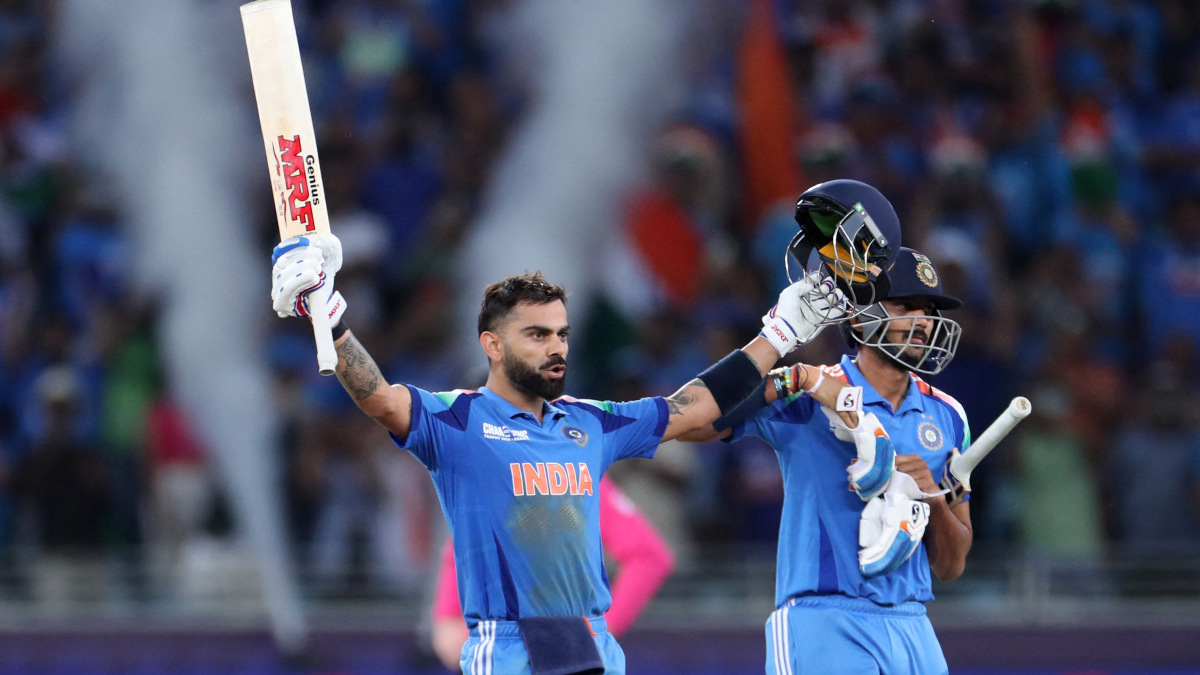 Virat Kohli celebrates after scoring a boundary to bring up his 51st ton. Image: Reuters Virat Kohli celebrates after scoring a boundary to bring up his 51st ton. Image: Reuters