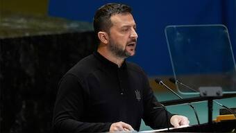 (File) Ukraine's President Volodymyr Zelenskyy addresses the 79th session of the United Nations General Assembly, on September 25, 2024, at UN headquarters. AP