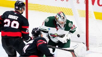 Ottawa Senators forward Brady Tkachuk (7) scores against Minnesota Wild goaltender Filip Gustavsson (32) during third-period NHL hockey game action in Ottawa, Ontario, Saturday, Feb. 1, 2025. AP