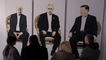 An artwork depicting US President Donald Trump, Russian President Vladimir Putin and Chinese President Xi Jinping at an exhibition called 'Yalta 2.0' at an art gallery in Livadia park in Yalta, Crimea, Februry 8, 2025. Image: REUTERS