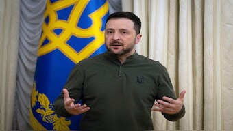 Ukrainian President Volodymyr Zelenskyy speaks during the briefing with President of the European Investment Bank Nadia Calvino in Kyiv, Ukraine, on Monday. AP