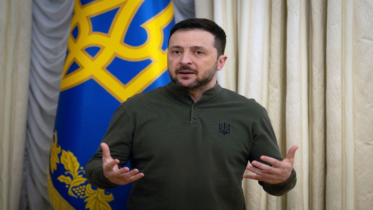 Ukrainian President Volodymyr Zelenskyy speaks during the briefing with President of the European Investment Bank Nadia Calvino in Kyiv, Ukraine, on Monday. AP Ukrainian President Volodymyr Zelenskyy speaks during the briefing with President of the European Investment Bank Nadia Calvino in Kyiv, Ukraine, on Monday. AP