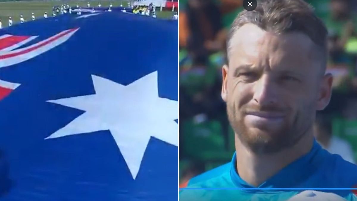 Jos Buttler (right) during the pre-match national anthem ceremony. Image: JioHotstar Jos Buttler (right) during the pre-match national anthem ceremony. Image: JioHotstar