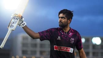Babar Azam walks off after reaching his hundred in the T20 Blast in England. Image: X/Somerset