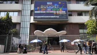 A screen showing the Union Budget at Bombay Stock Market (BSE) in Mumbai, India. AP