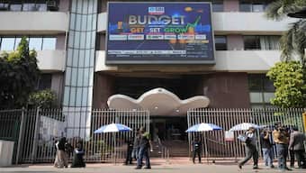 A screen showing the Union Budget at Bombay Stock Market (BSE) in Mumbai, India. AP