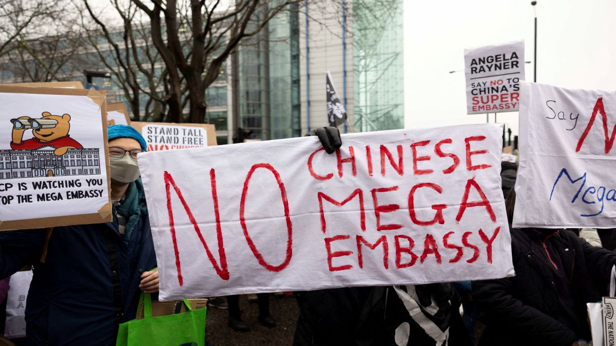 Protestors from various groups attend a demonstration against the proposed site of the new Chinese Embassy, outside Royal Mint Court, in London, Britain. Reuters Protestors from various groups attend a demonstration against the proposed site of the new Chinese Embassy, outside Royal Mint Court, in London, Britain. Reuters