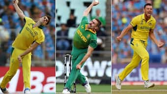 Pat Cummins, Anrich Nortje, and Josh Hazlewood in action. Image: Reuters