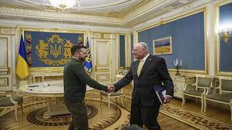 US Special Envoy for Ukraine and Russia Keith Kellogg, right, and Ukraine’s President Volodymyr Zelenskyy shake hands during their meeting in Kyiv, Ukraine, Feb. 20, 2025. AP