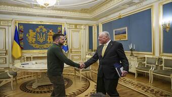 US Special Envoy for Ukraine and Russia Keith Kellogg, right, and Ukraine’s President Volodymyr Zelenskyy shake hands during their meeting in Kyiv, Ukraine, Feb. 20, 2025. AP
