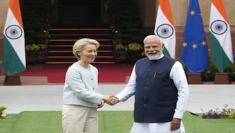 Indian Prime Minister Narendra Modi and visiting European Commission President Ursula von der Leyen deliver joint remarks in New Delhi. AP