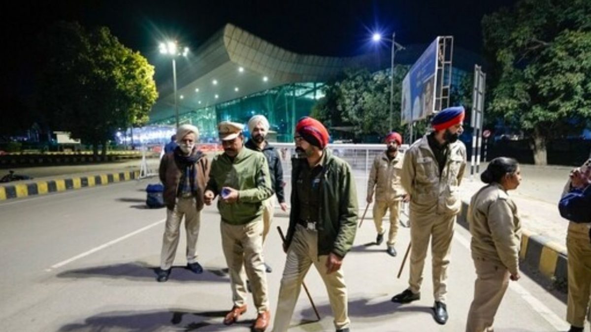 Security personnel outside the Amritsar airport on February 15, 2025. Source: PTI Security personnel outside the Amritsar airport on February 15, 2025. Source: PTI