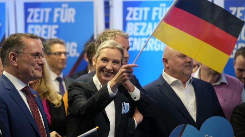 AfD leader Alice Weidel waving a German flag. Source: AP
