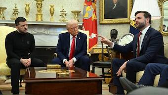 US President Donald Trump and Ukraine's President Volodymyr Zelensky listen to Vice President JD Vance (R)as they meet in the Oval Office of the White House in Washington, DC, February 28, 2025. Source: AFP