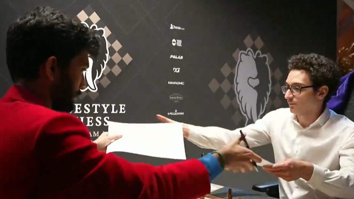 D Gukesh went for early pawn sacrifices against Fabiano Caruana but it backfired against the chess world champion. Image: Freestyle Tour
D Gukesh went for early pawn sacrifices against Fabiano Caruana but it backfired against the chess world champion. Image: Freestyle Tour