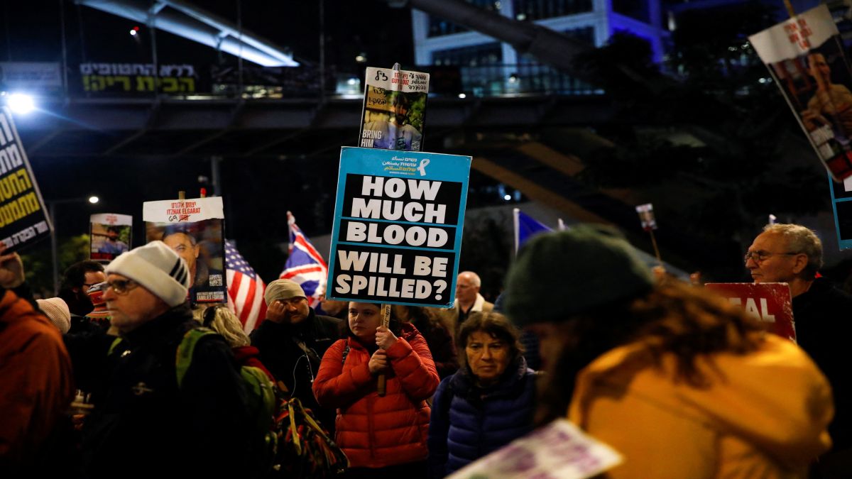 People hold placards, as they attend a protest in support of the hostages kidnapped during the deadly October 7 2023 attack by Hamas, in Tel Aviv, Israel. Reuters People hold placards, as they attend a protest in support of the hostages kidnapped during the deadly October 7 2023 attack by Hamas, in Tel Aviv, Israel. Reuters